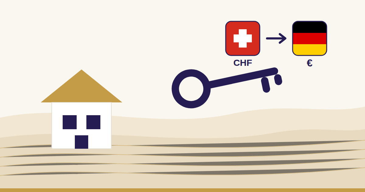 Illustration: Haus und Schlüssel, dazu Schweizer und deutsche Flagge mit den Währungen Franken und Euro