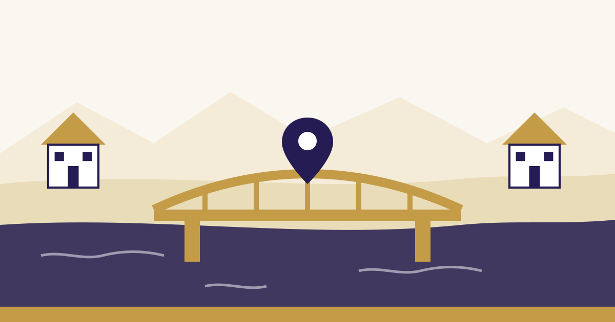 Illustration: Brücke über den Hochrhein mit Wohnhäusern auf beiden Ufern und einer Standortnadel