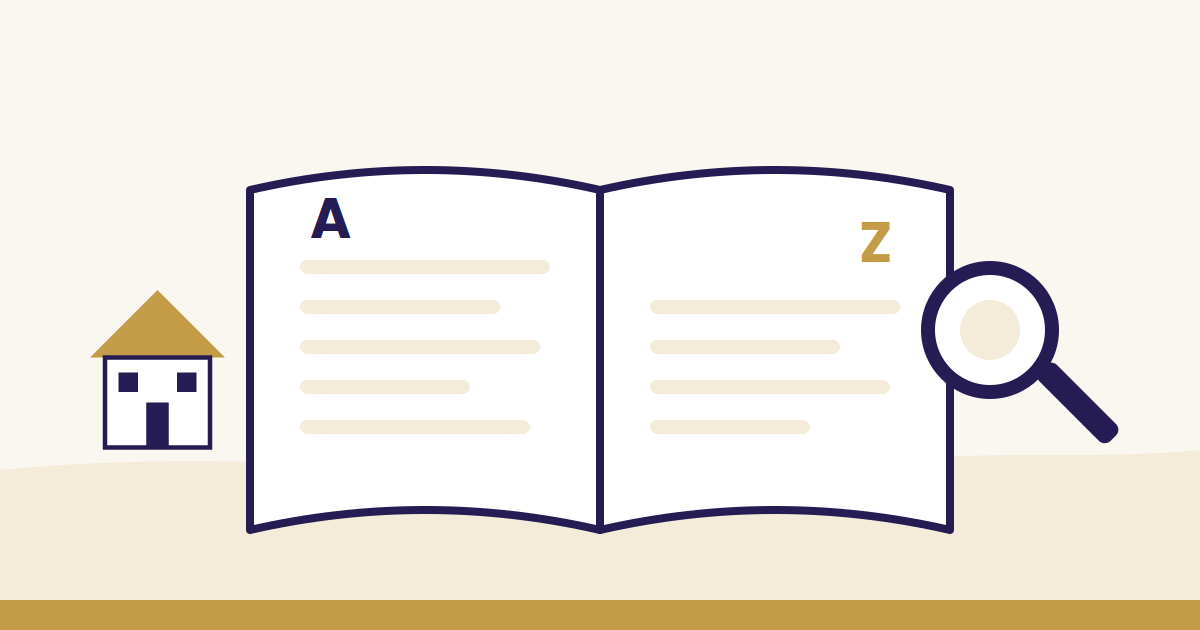 Illustration: aufgeschlagenes Buch mit den Buchstaben A und Z, daneben ein Haus und eine Lupe