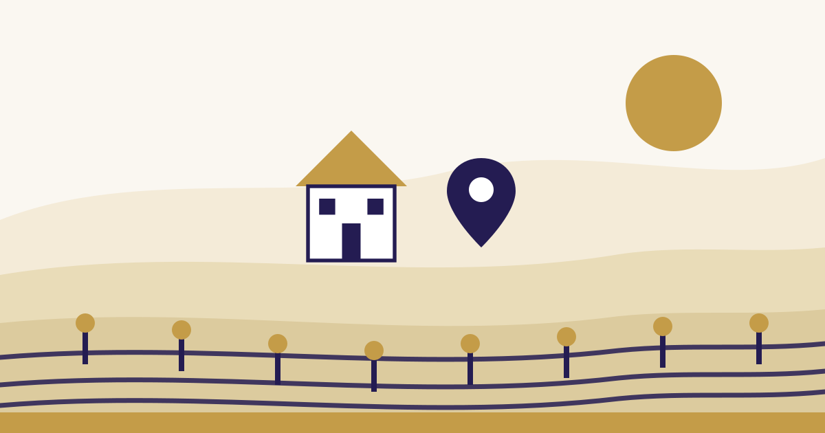 Illustration: Rebzeilen und Hügel im Markgräflerland mit einem Wohnhaus und einer Standortnadel