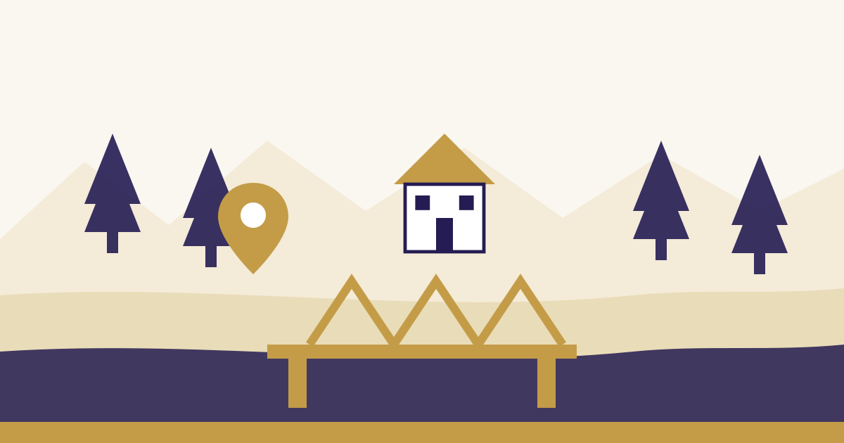 Illustration: Schwarzwaldtannen, ein Wohnhaus und eine Brücke über den Rhein als Sinnbild für die Ortenau