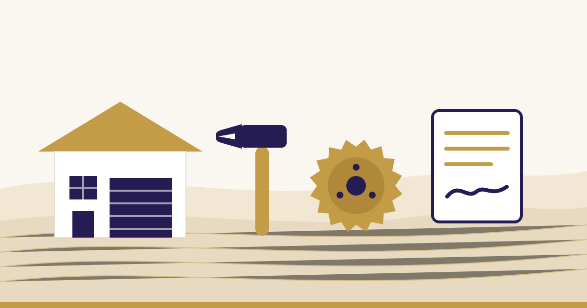 Illustration: Werkstatt mit Tor, Hammer, Kreissägeblatt und unterzeichneter Vertrag als Sinnbild für die Gewerbefinanzierung