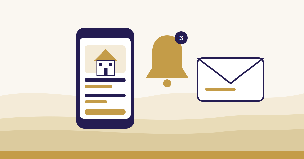 Illustration: Smartphone mit Immobilienanzeige, Glocke mit drei neuen Meldungen und Briefumschlag als Sinnbild für automatische Benachrichtigungen