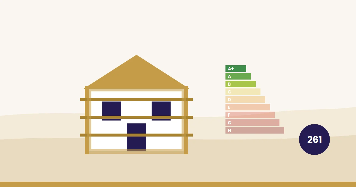 Illustration: Haus während der energetischen Sanierung mit Gerüst und Energieeffizienzskala
