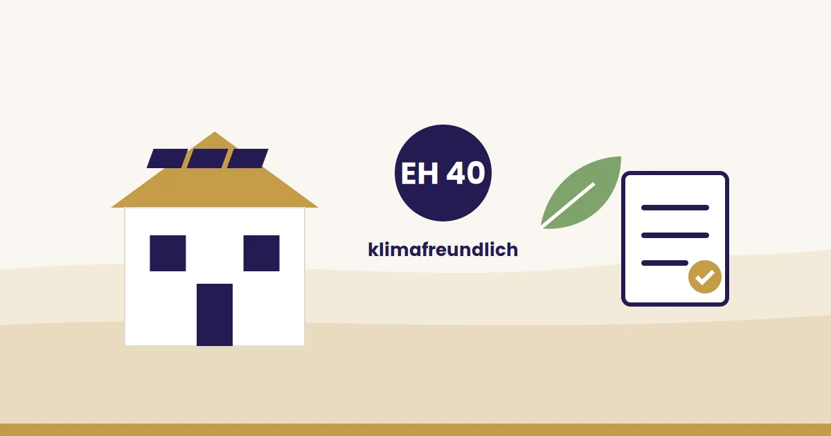 Illustration: Neubau mit Solaranlage, Effizienzhaus-40-Plakette und Nachweisdokument