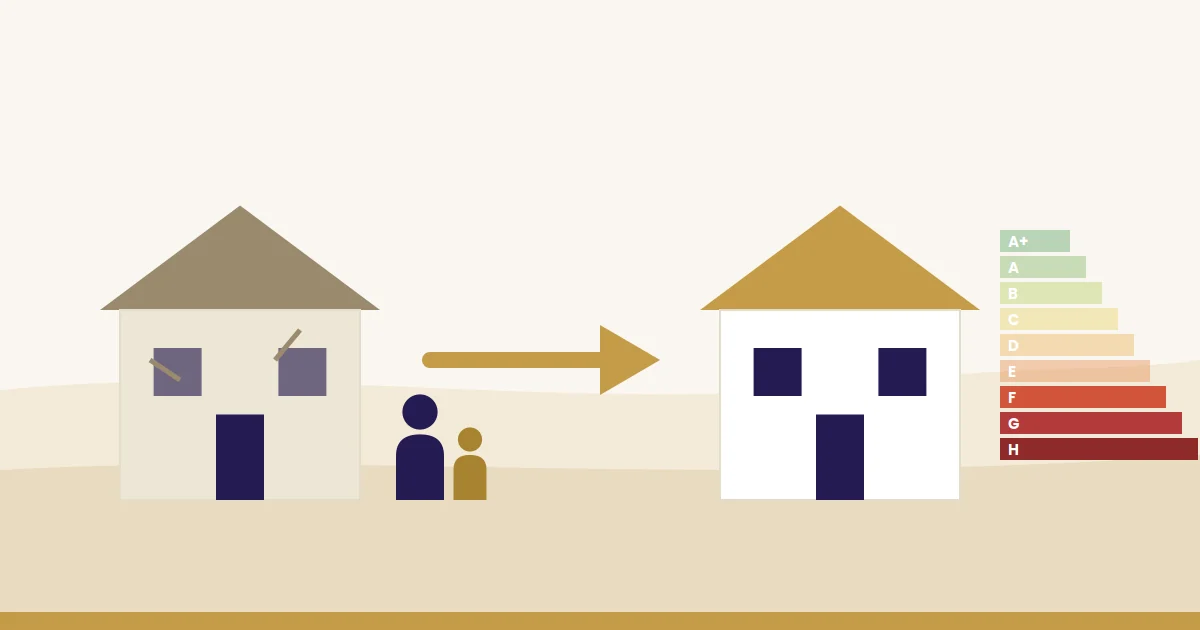 Illustration: sanierungsbedürftiges Haus der Energieklasse F bis H wird zum sanierten Eigenheim einer Familie