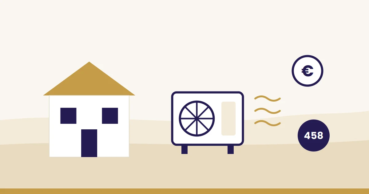 Illustration: Wohnhaus mit Wärmepumpe und Zuschuss-Münze