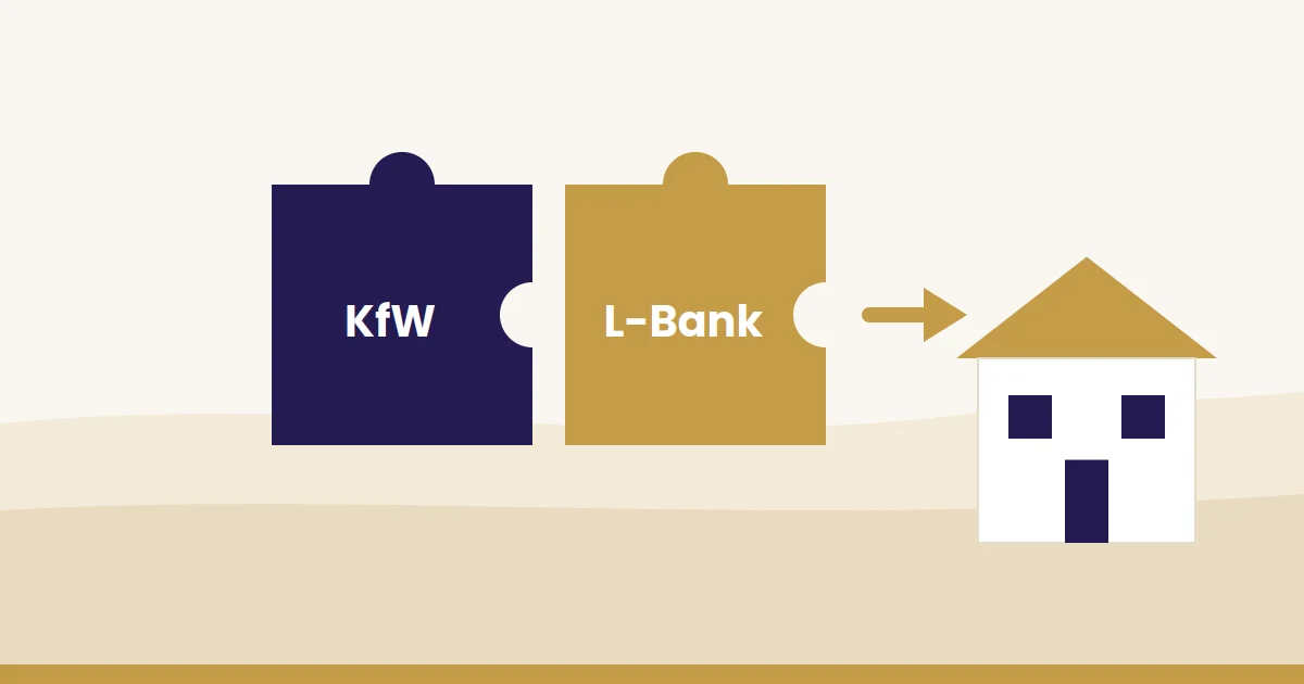 Illustration: zwei Puzzleteile KfW und L-Bank ergeben zusammen ein Eigenheim