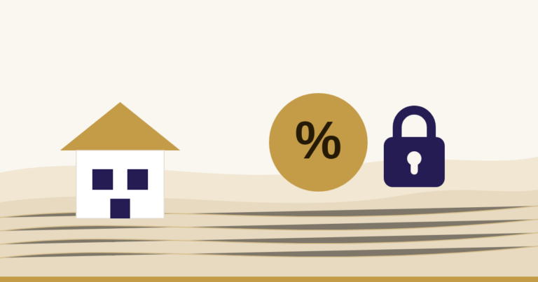 Illustration: Haus, Prozentzeichen und Vorhängeschloss als Sinnbild für den gesicherten Zinssatz.