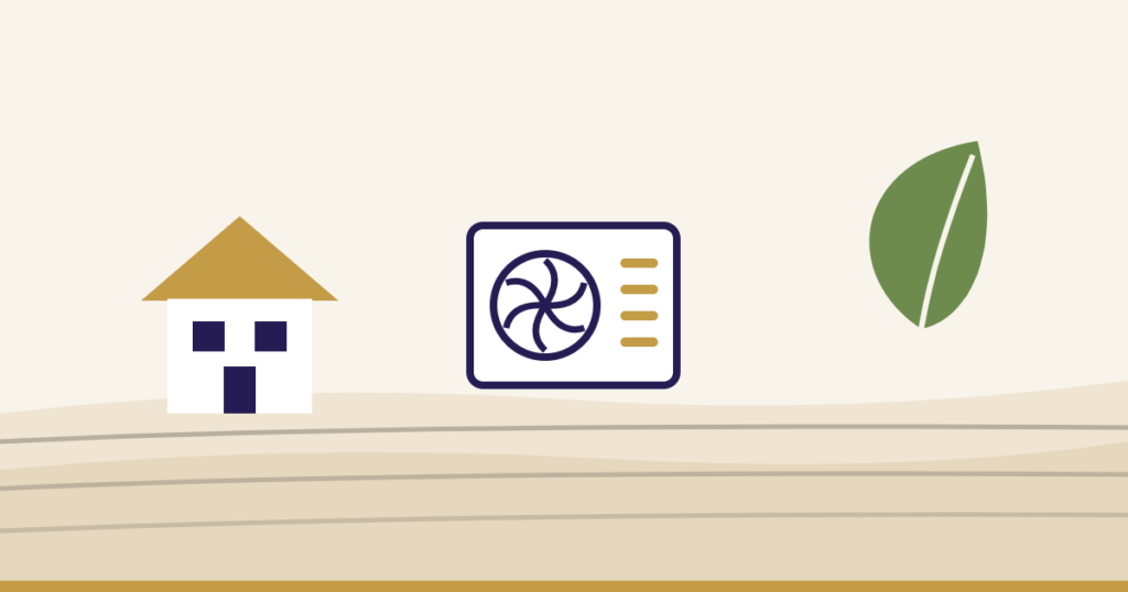 Haus, Wärmepumpe und Blatt als Symbol für das Gebäudemodernisierungsgesetz