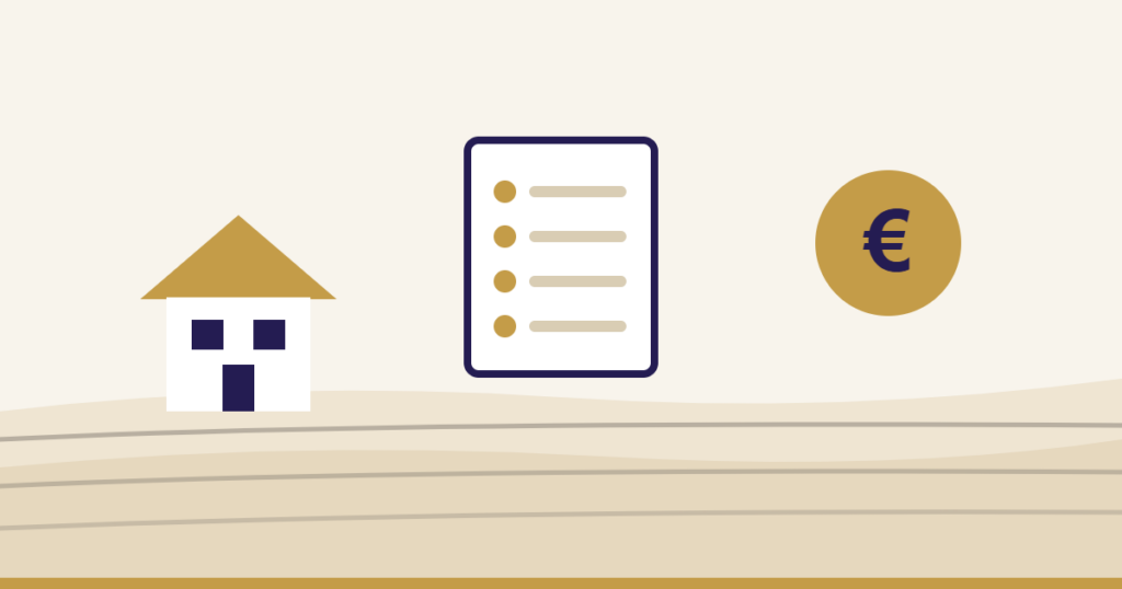 Haus, Checkliste und Euro-Münze als Symbol für die Vorbereitung von Immobilienkauf und Baufinanzierung